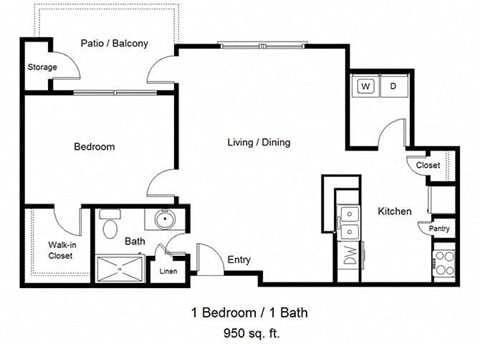 Floor plan for 1 bed, 1 bath, 950 sqft
